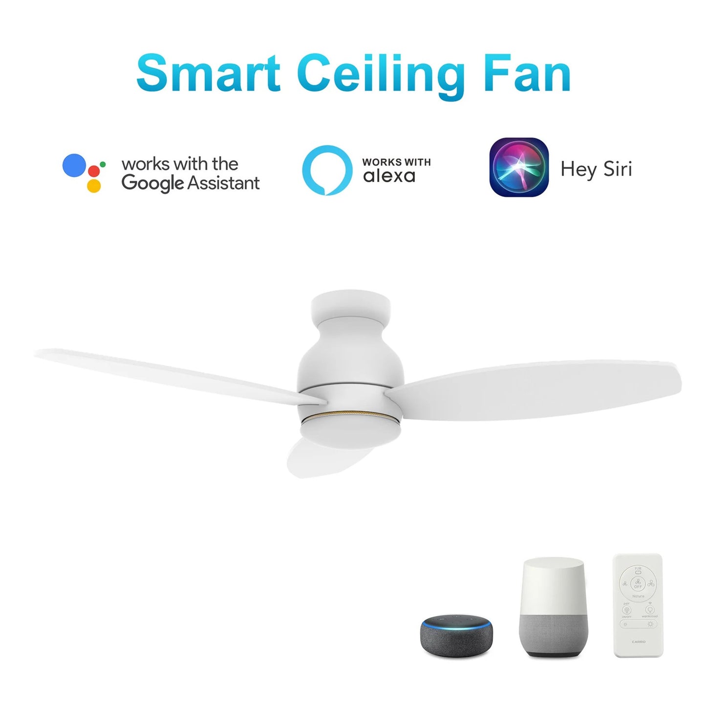 Carro Trento 52in 3-Blade Flush Ceiling Fan | White Motor and White Plywood Blades | Living Room, Bedroom & Covered Patio | 52 | Model SFR523Q-L12-W1-1-FM