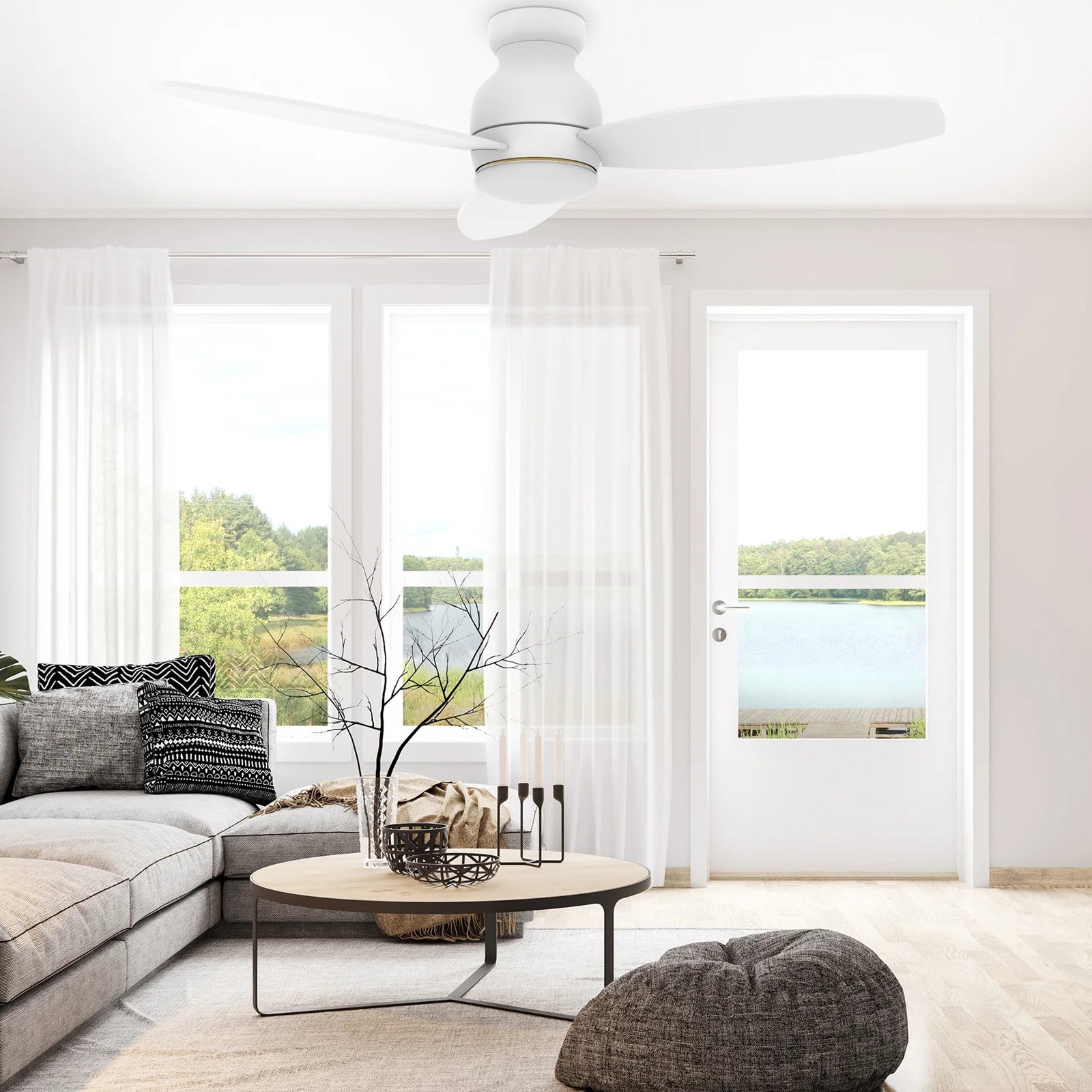 Carro Trento 52in 3-Blade Flush Ceiling Fan | White Motor and White Plywood Blades | Living Room, Bedroom & Covered Patio | 52 | Model SFR523Q-L12-W1-1-FM