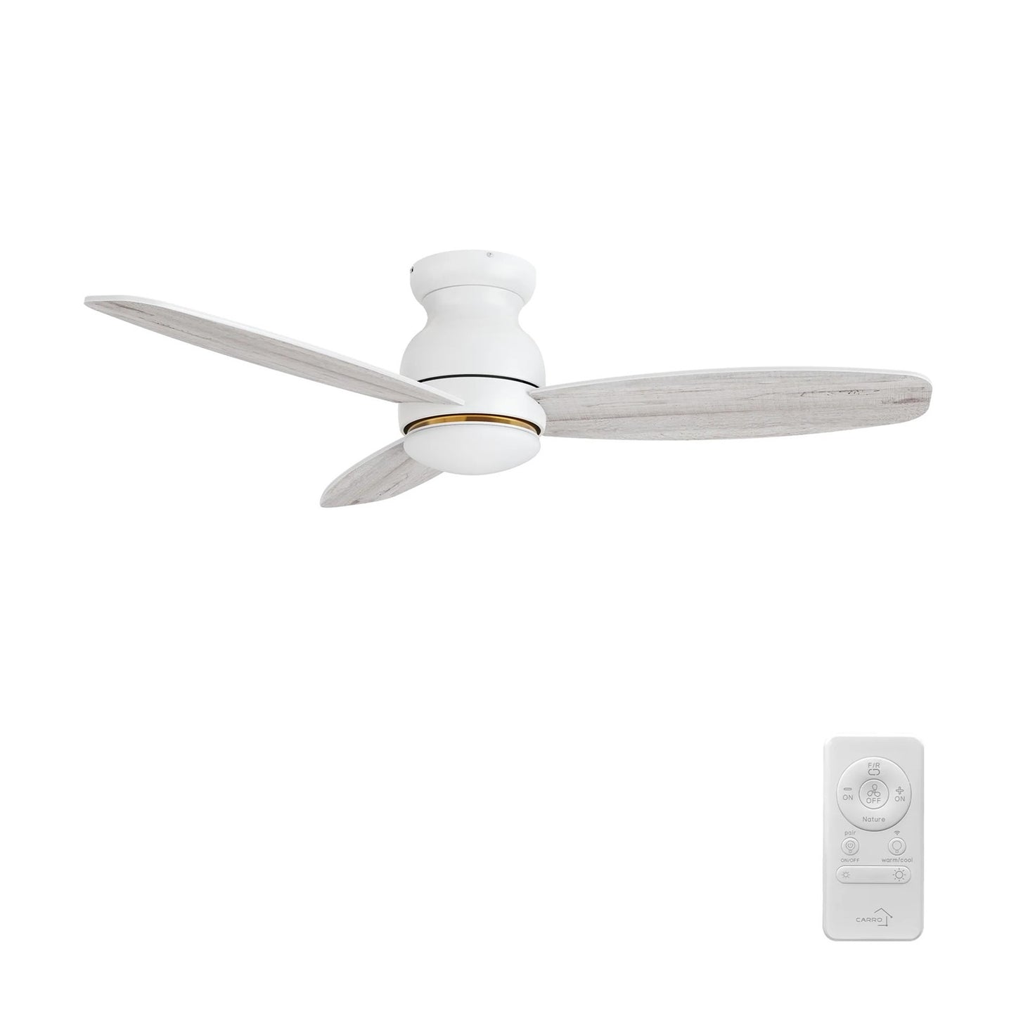 Carro Trento 52in 3-Blade Flush Ceiling Fan | White Motor and Whitewashed Plywood Blades | Living Room, Bedroom & Covered | Model SFR523Q-L12-WP-1-FM