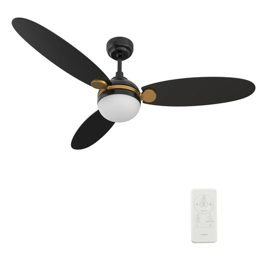 Carro Pearla 52in 3-Blade Smart Ceiling Fan | Modern Black Gold and Plywood | Living Room & Covered Patio | 52 x 52 x 16.5 in | Model SFR523Q4-L12-B2-1G