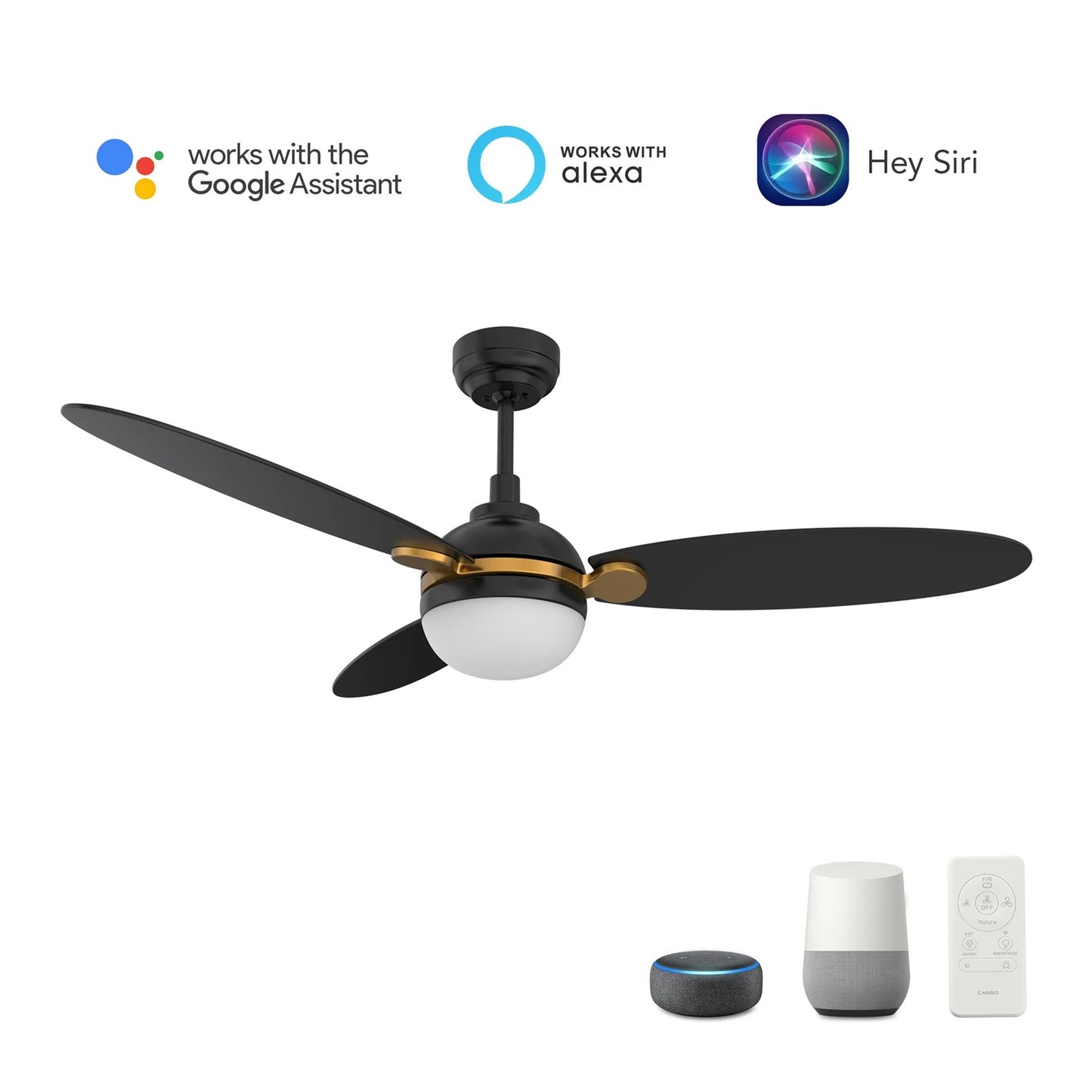 Carro Pearla 52in 3-Blade Smart Ceiling Fan | Modern Black Gold and Plywood | Living Room & Covered Patio | 52 x 52 x 16.5 in | Model SFR523Q4-L12-B2-1G