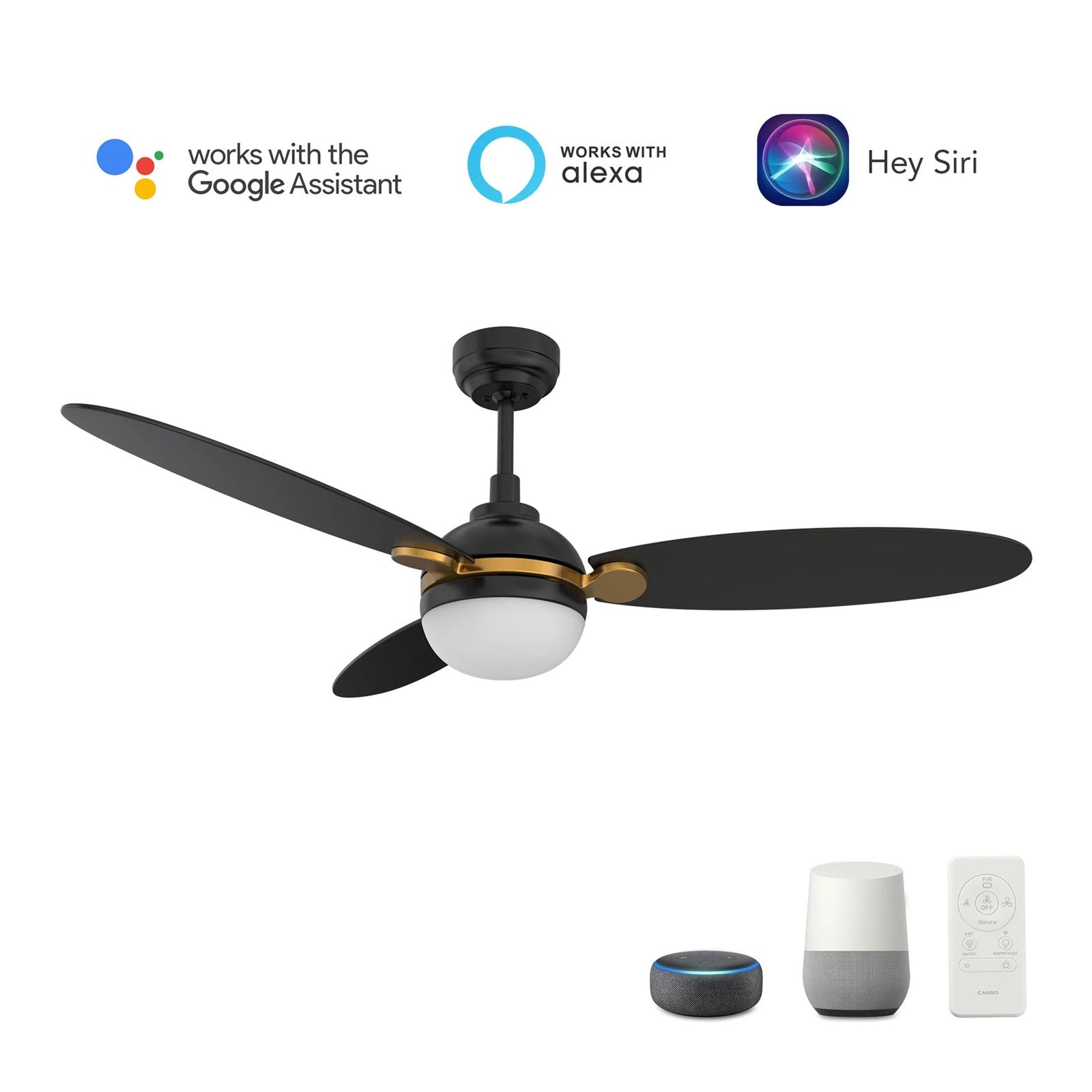 Carro Pearla 52in 3-Blade Smart Ceiling Fan | Modern Black Gold and Plywood | Living Room & Covered Patio | 52 x 52 x 16.5 in | Model SFR523Q4-L12-B2-1G