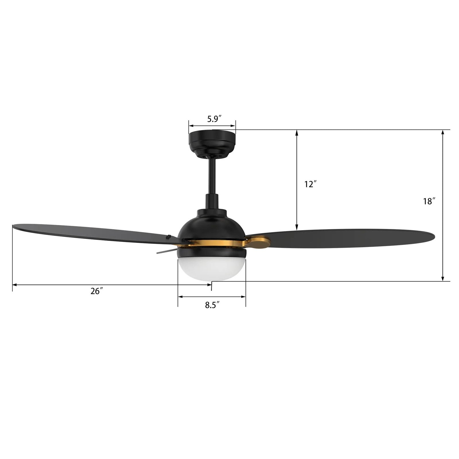 Carro Pearla 52in 3-Blade Smart Ceiling Fan | Modern Black Gold and Plywood | Living Room & Covered Patio | 52 x 52 x 16.5 in | Model SFR523Q4-L12-B2-1G