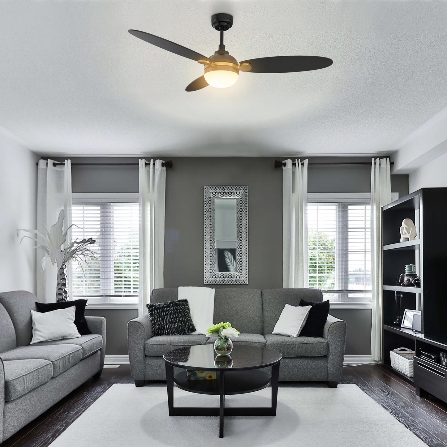 Carro Pearla 52in 3-Blade Smart Ceiling Fan | Modern Black Gold and Plywood | Living Room & Covered Patio | 52 x 52 x 16.5 in | Model SFR523Q4-L12-B2-1G