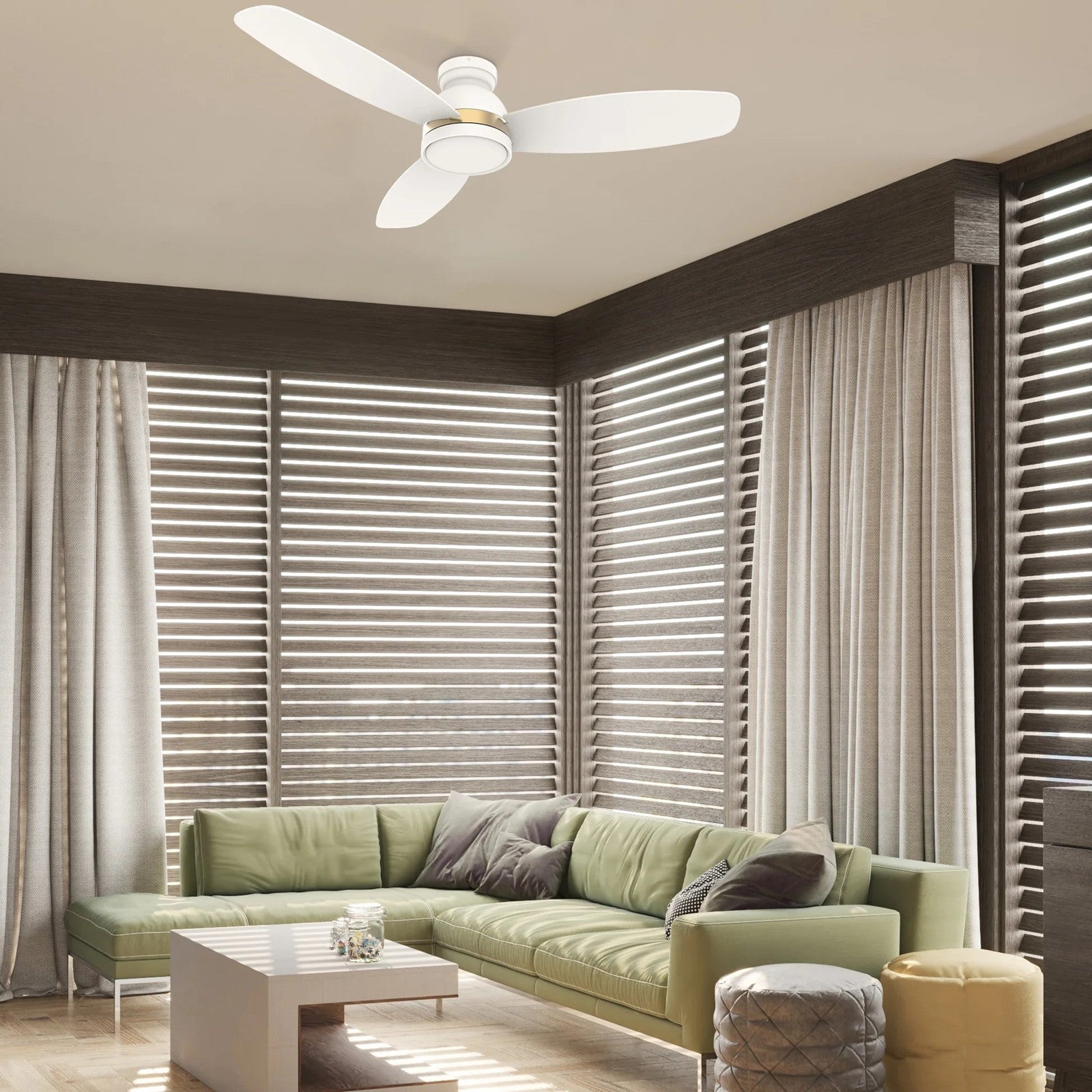 Carro Fremont 52in 3-Blade Flush Mount Smart Ceiling Fan | Modern White Gold and Plywood | Living Room & Covered Patio | 52 | Model SFR523Q5-L12-W1-1-FMA