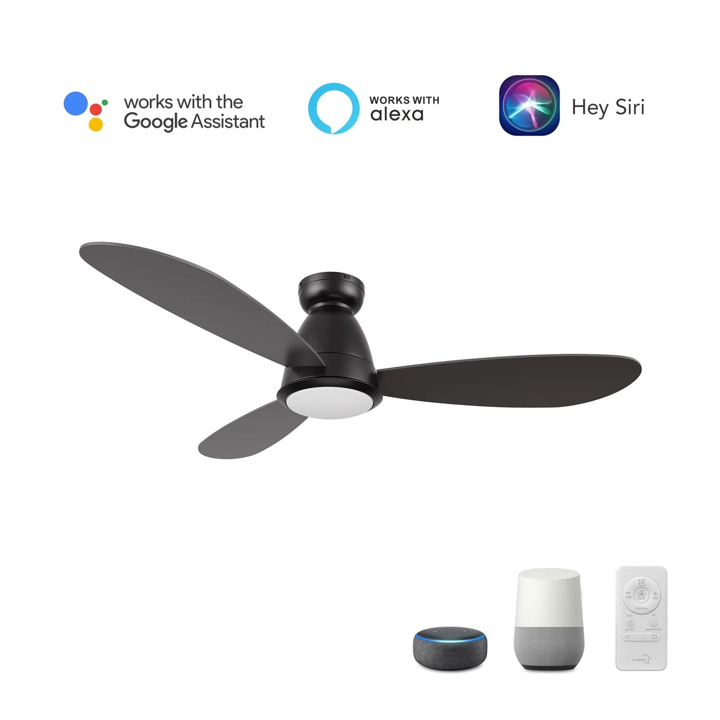 Carro York 52in 3-Blade Flush Mount Smart Ceiling Fan | Modern Black and Plywood | Living Room & Covered Patio | 52 x 52 x | Model SFR523Q7-L12-B2-1-FM