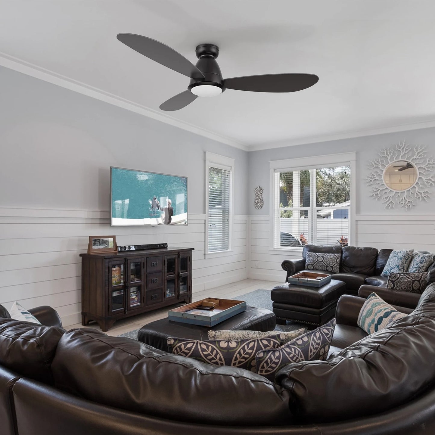 Carro York 52in 3-Blade Flush Mount Smart Ceiling Fan | Modern Black and Plywood | Living Room & Covered Patio | 52 x 52 x | Model SFR523Q7-L12-B2-1-FM