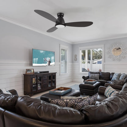 Carro York 52in 3-Blade Flush Mount Smart Ceiling Fan | Modern Black and Plywood | Living Room & Covered Patio | 52 x 52 x | Model SFR523Q7-L12-B2-1-FM