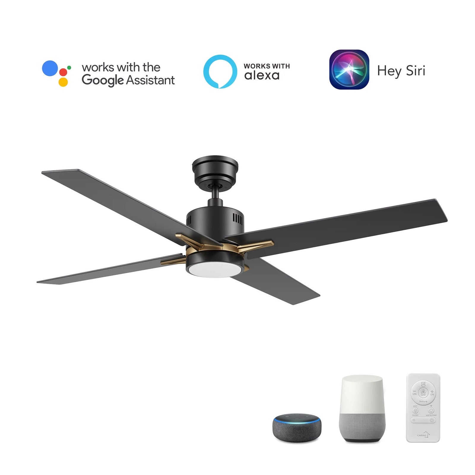 Carro Montgomery 52in 4-Blade Smart Ceiling Fan | Modern Black Gold and Plywood Blades | Living Room & Great Room | 52 x 52 x | Model SFR524G3-L11-B2-1G