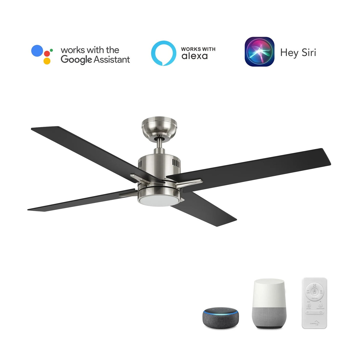 Carro Montgomery 52in 4-Blade Smart Ceiling Fan | Modern Brushed Nickel Black and Plywood Blades | Living Room & Great Room | 52 | Model SFR524G3-L11-S2-1
