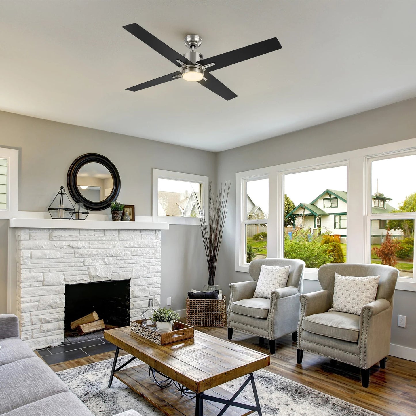 Carro Montgomery 52in 4-Blade Smart Ceiling Fan | Modern Brushed Nickel Black and Plywood Blades | Living Room & Great Room | 52 | Model SFR524G3-L11-S2-1