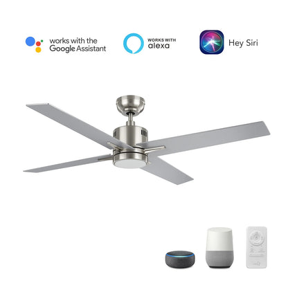 Carro Montgomery 52in 4-Blade Smart Ceiling Fan | Modern Brushed Nickel Silver and Plywood Blades | Living Room & Great Room | Model SFR524G3-L11-SJ-1
