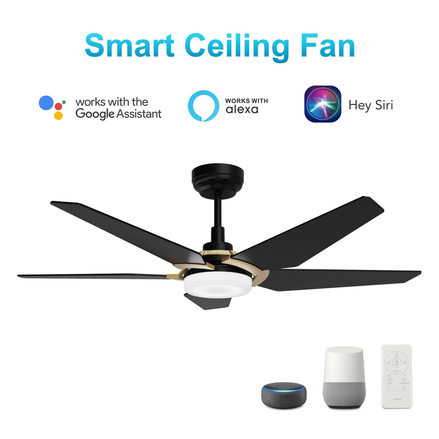 Carro Kaj 52in 5-Blade Smart Ceiling Fan | Black Gold Plywood Blades and Glass Shade with Integrated LED | Living Room & Bedroom | Model SFR525B-L22-B2-1G