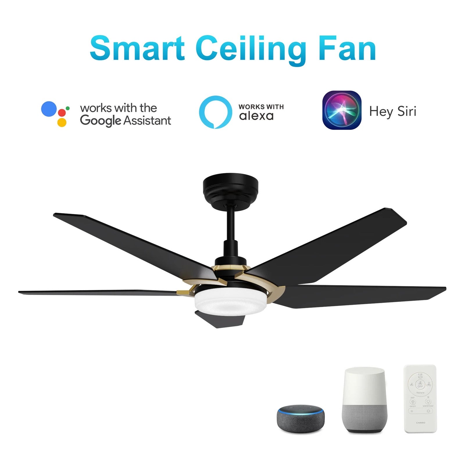 Carro Kaj 52in 5-Blade Smart Ceiling Fan | Black Gold Plywood Blades and Glass Shade with Integrated LED | Living Room & Bedroom | Model SFR525B-L22-B2-1G