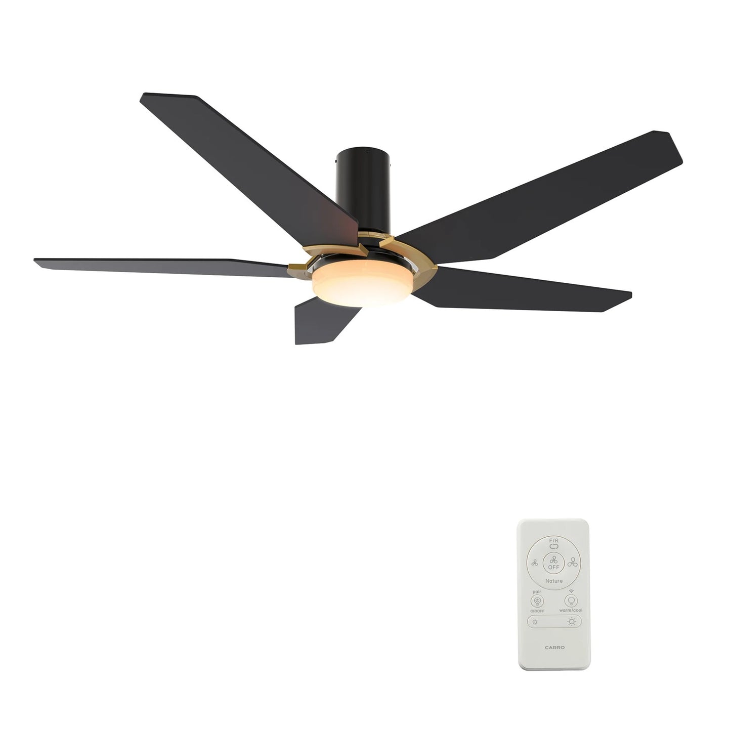 Carro Kaj 52in 5-Blade Flush Mount Smart Ceiling Fan | Black Gold Plywood Blades and Glass Shade with Integrated LED | Living | Model SFR525B-L22-B2-1G-FM