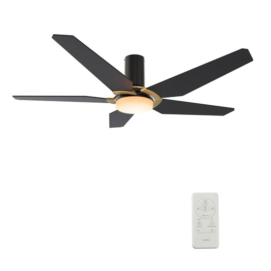 Carro Kaj 52in 5-Blade Flush Mount Smart Ceiling Fan | Black Gold Plywood Blades and Glass Shade with Integrated LED | Living | Model SFR525B-L22-B2-1G-FM