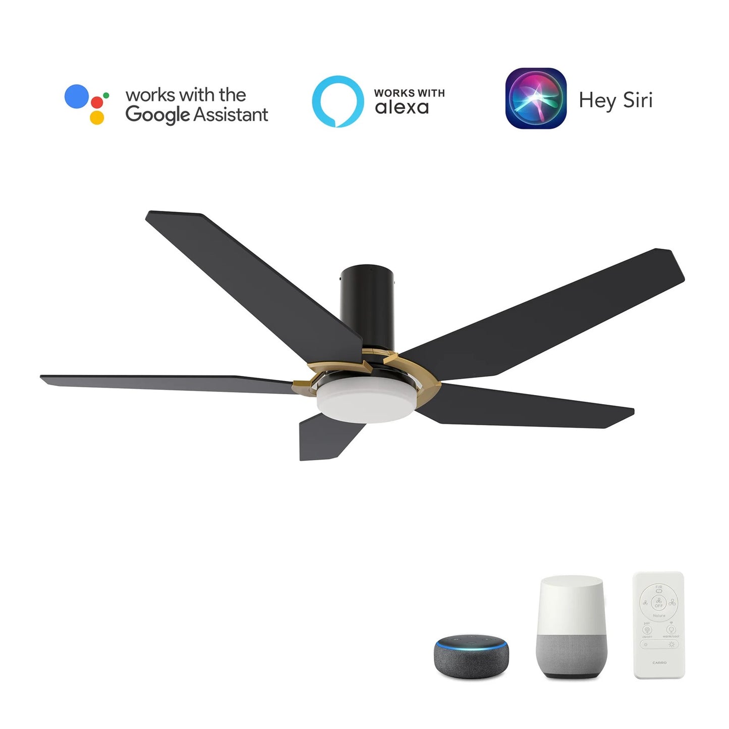 Carro Kaj 52in 5-Blade Flush Mount Smart Ceiling Fan | Black Gold Plywood Blades and Glass Shade with Integrated LED | Living | Model SFR525B-L22-B2-1G-FM