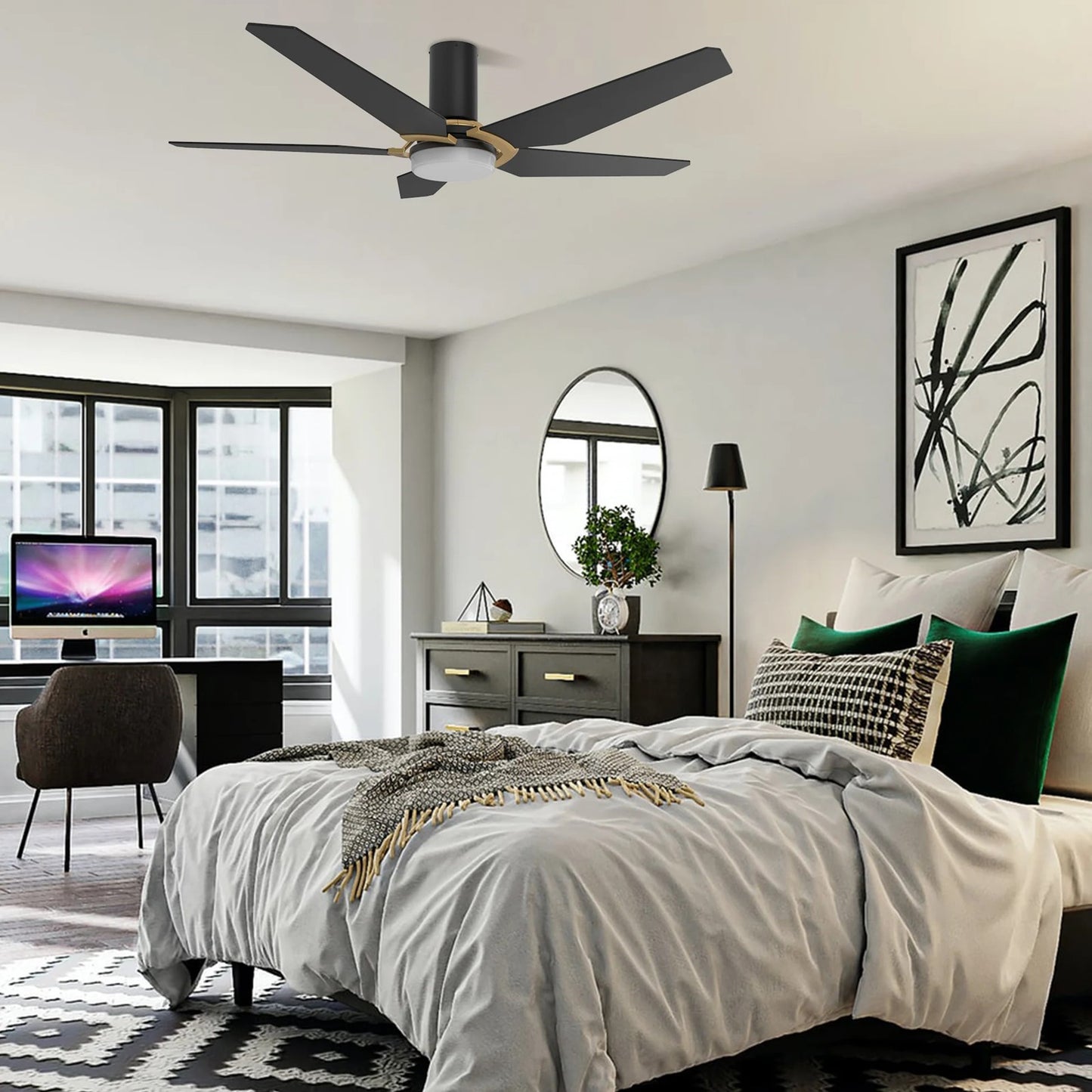 Carro Kaj 52in 5-Blade Flush Mount Smart Ceiling Fan | Black Gold Plywood Blades and Glass Shade with Integrated LED | Living | Model SFR525B-L22-B2-1G-FM
