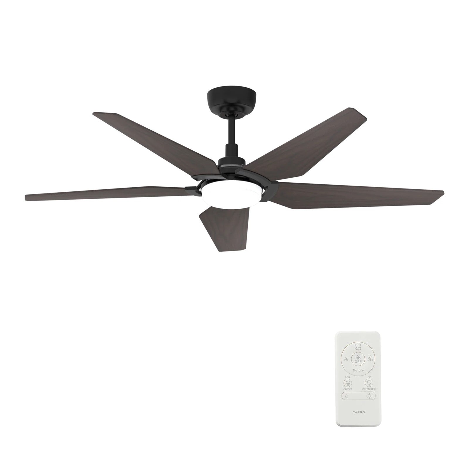 Carro Kaj 52in 5-Blade Smart Ceiling Fan | Modern Black Walnut Plywood and Glass LED | Living Room & Covered Patio | 13.7 x 52 x | Model SFR525B-L22-B5-1