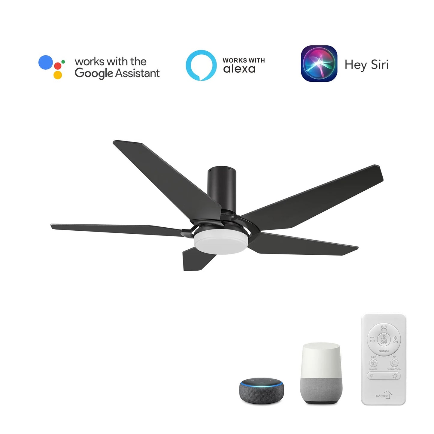 Carro Kaj 52in 5-Blade Flush Mount Smart Ceiling Fan | Modern Black Walnut Plywood and Glass LED | Living Room & Covered Patio | Model SFR525B-L22-B5-1-FM