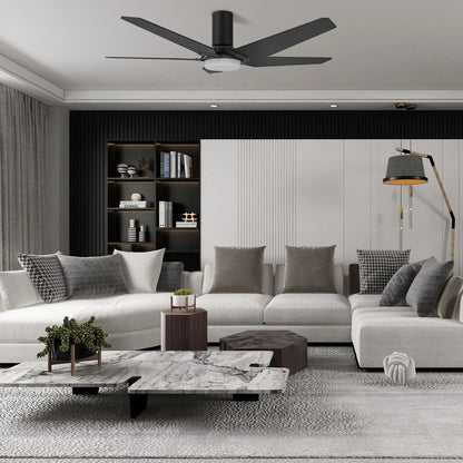 Carro Kaj 52in 5-Blade Flush Mount Smart Ceiling Fan | Modern Black Walnut Plywood and Glass LED | Living Room & Covered Patio | Model SFR525B-L22-B5-1-FM