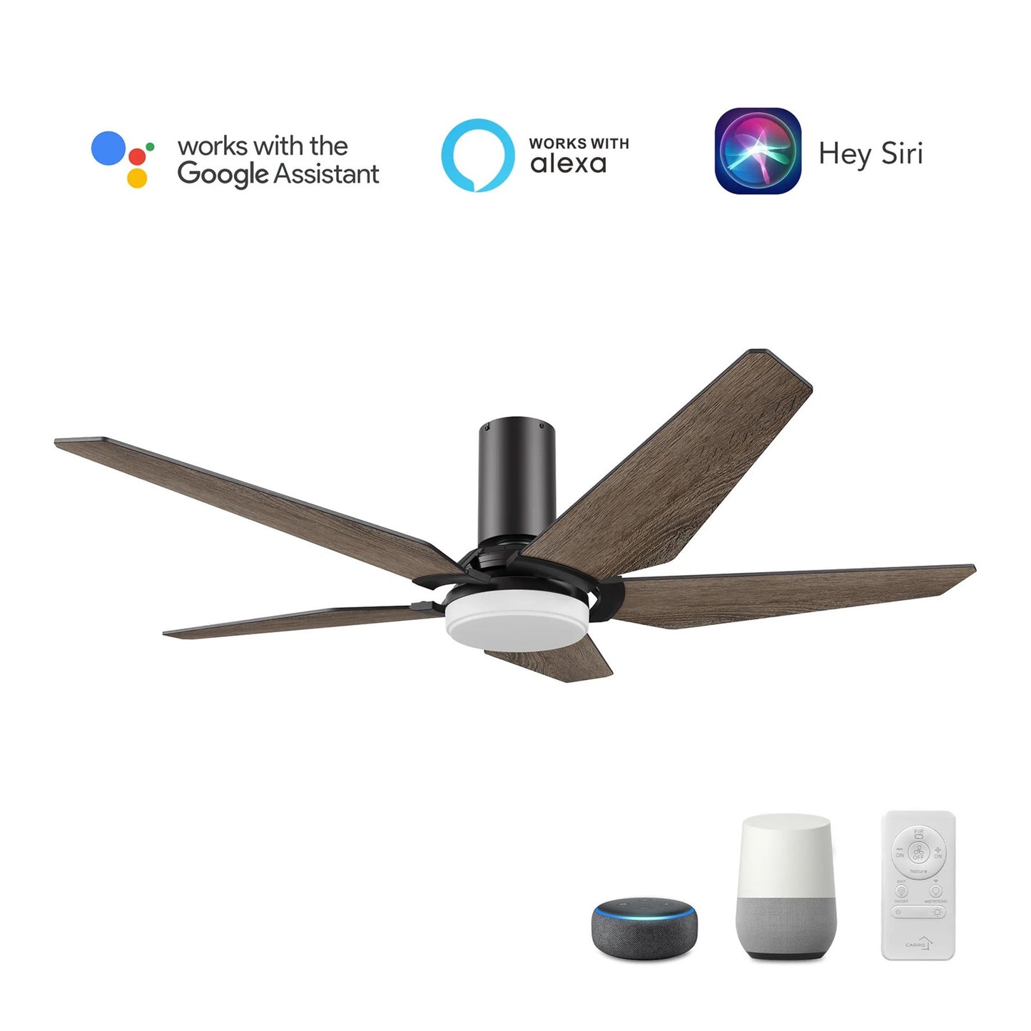 Carro Kaj 52in 5-Blade Flush Mount Smart Ceiling Fan | Modern Black Barnwood Plywood and Glass LED | Living Room & Covered | Model SFR525B-L22-BS-1-FM