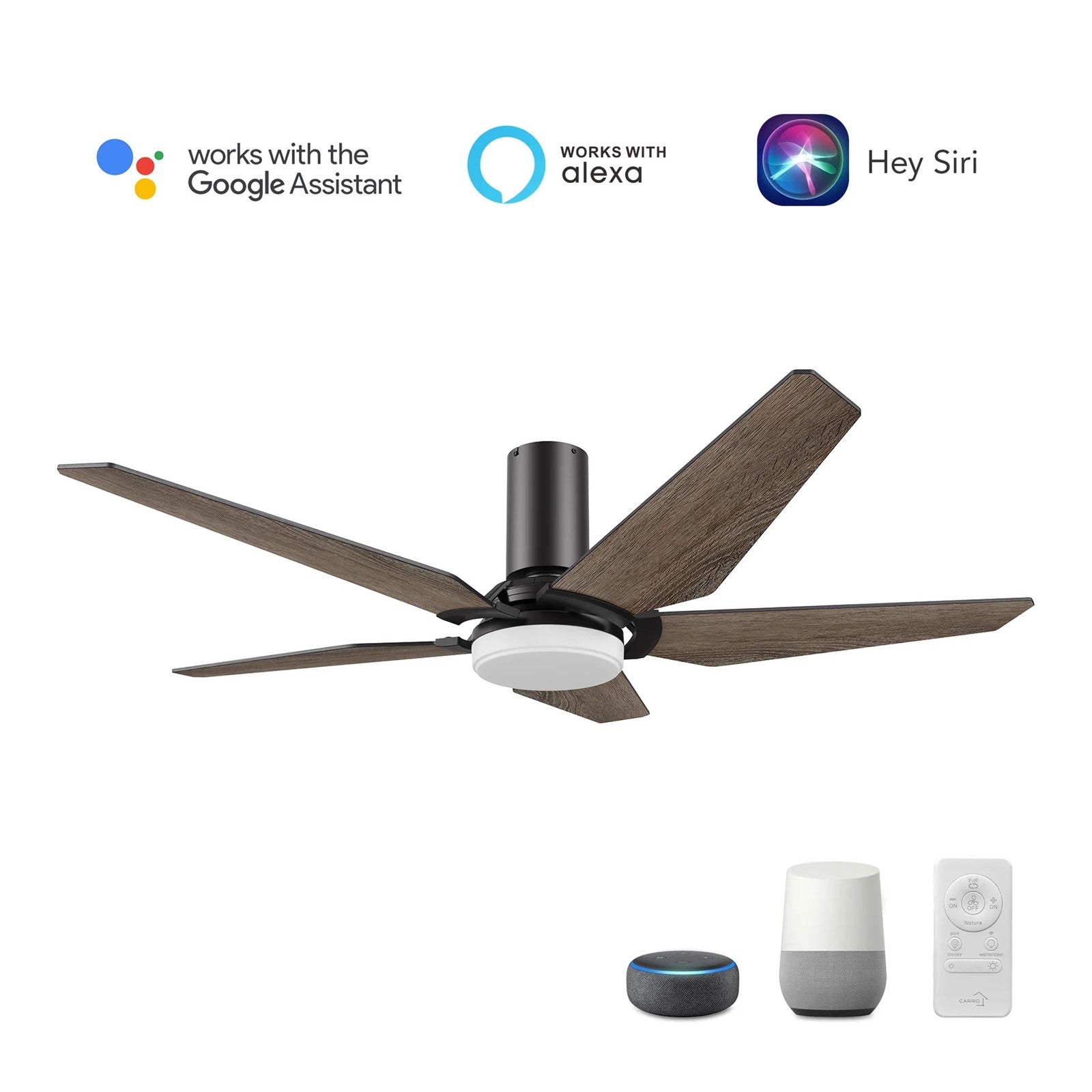 Carro Kaj 52in 5-Blade Flush Mount Smart Ceiling Fan | Modern Black Barnwood Plywood and Glass LED | Living Room & Covered | Model SFR525B-L22-BS-1-FM