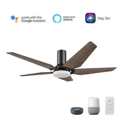 Carro Kaj 52in 5-Blade Flush Mount Smart Ceiling Fan | Modern Black Barnwood Plywood and Glass LED | Living Room & Covered | Model SFR525B-L22-BS-1-FM