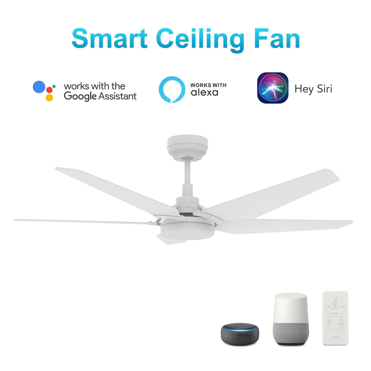 Carro Kaj 52in 5-Blade Smart Ceiling Fan | Modern White Plywood and Glass LED | Living Room & Covered Patio | 13.7 x 52 x 52 in | Model SFR525B-L22-W1-1