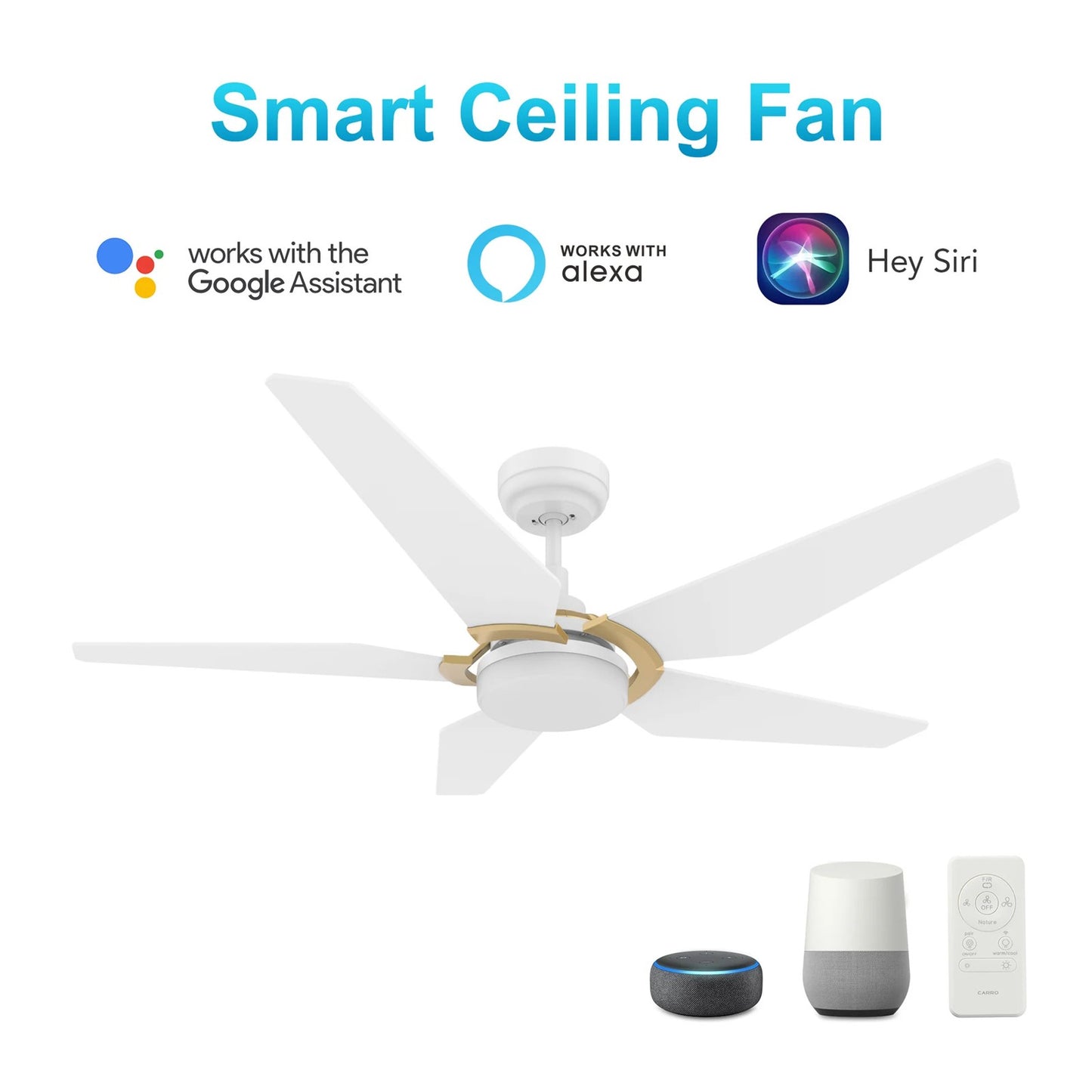 Carro Kaj 52in 5-Blade Smart Ceiling Fan | White Gold Plywood Blades and Glass Shade | Living Room & Covered Patio | 52 x 52 x | Model SFR525B-L22-W1-1G