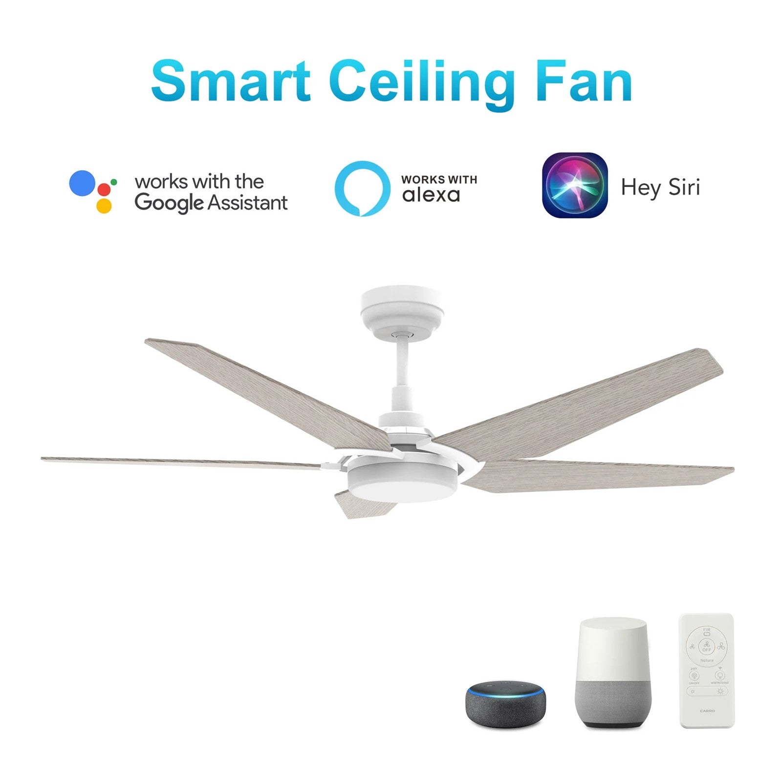 Carro Kaj 52in 5-Blade Smart Ceiling Fan | White Chestnut Plywood Blades and Glass Shade | Living Room & Covered Patio | 52 x 52 | Model SFR525B-L22-W6-1