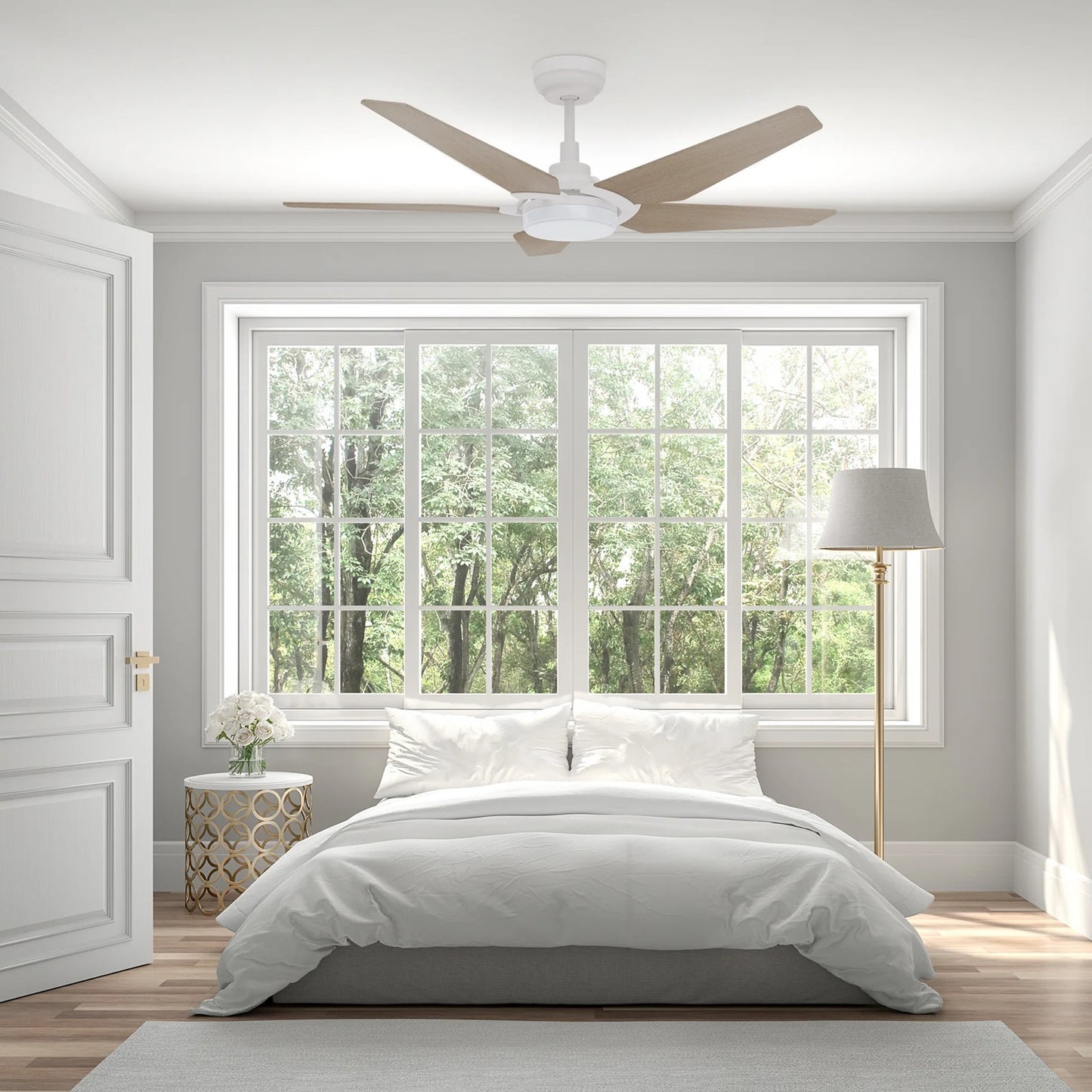Carro Kaj 52in 5-Blade Smart Ceiling Fan | White Chestnut Plywood Blades and Glass Shade | Living Room & Covered Patio | 52 x 52 | Model SFR525B-L22-W6-1