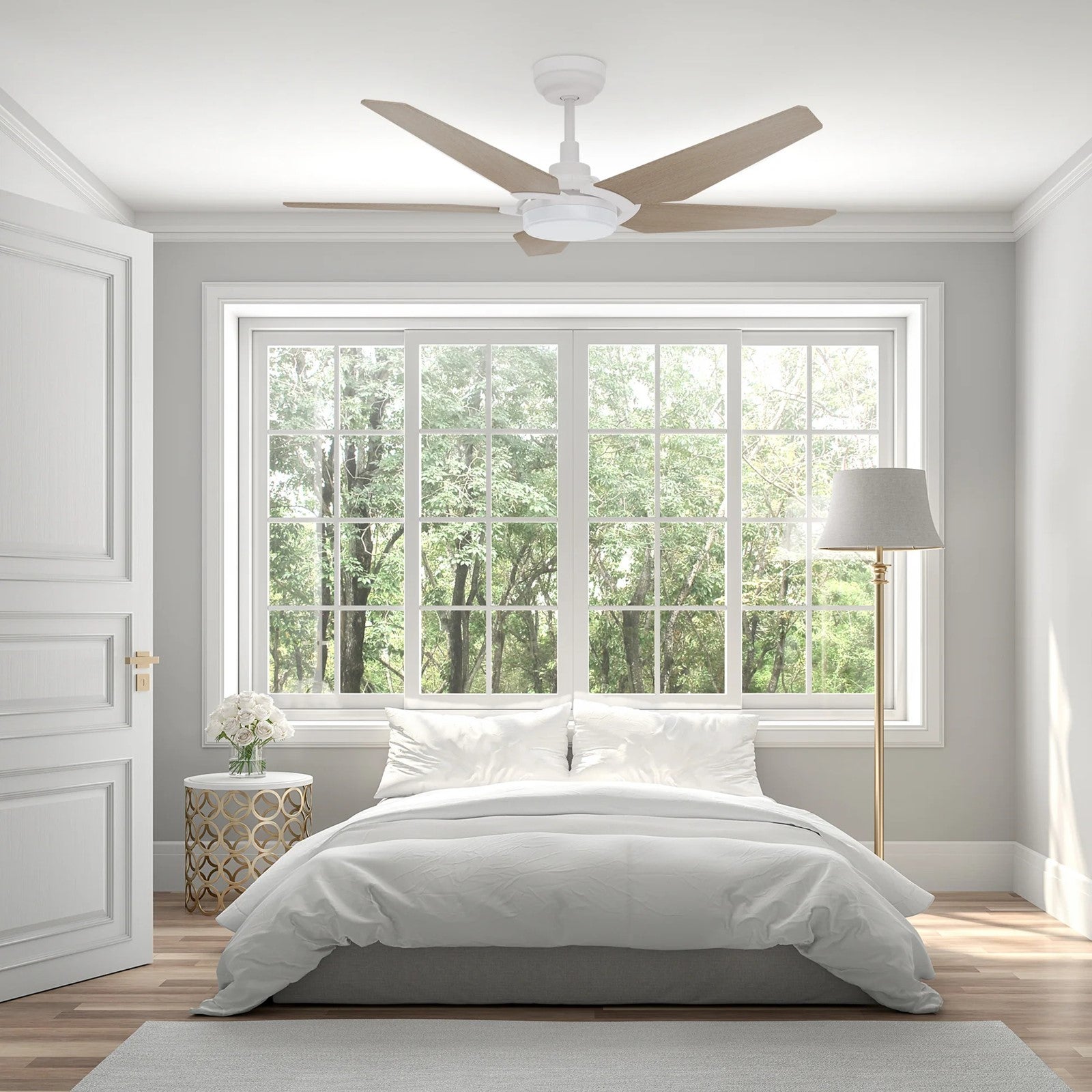 Carro Kaj 52in 5-Blade Smart Ceiling Fan | White Chestnut Plywood Blades and Glass Shade | Living Room & Covered Patio | 52 x 52 | Model SFR525B-L22-W6-1