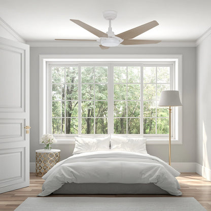 Carro Kaj 52in 5-Blade Smart Ceiling Fan | White Chestnut Plywood Blades and Glass Shade | Living Room & Covered Patio | 52 x 52 | Model SFR525B-L22-W6-1