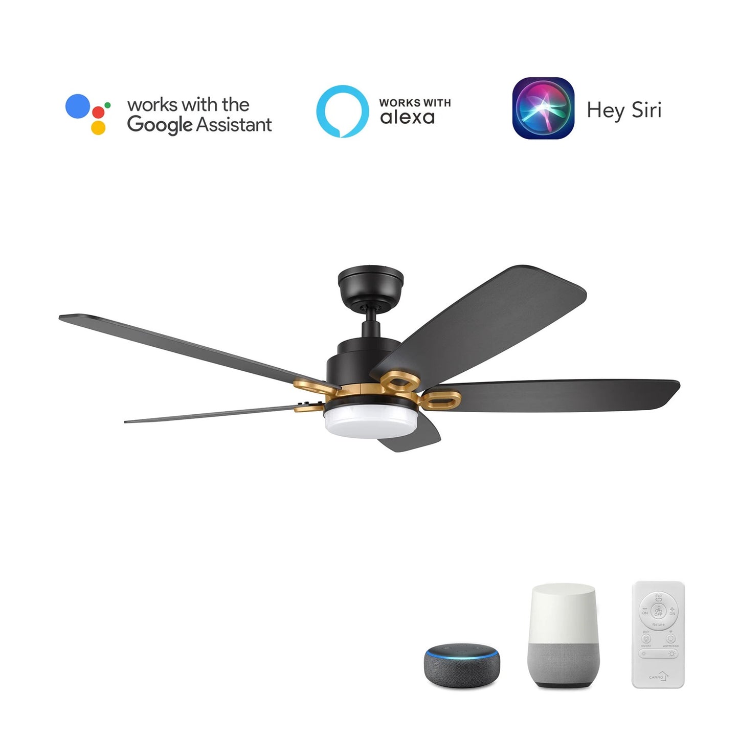 Carro Peyton 52in 5-Blade Smart Ceiling Fan | Modern Black Gold Finish and Plywood Blades | Living Room & Covered Patio | 52 x | Model SFR525B4-L12-B2-1G