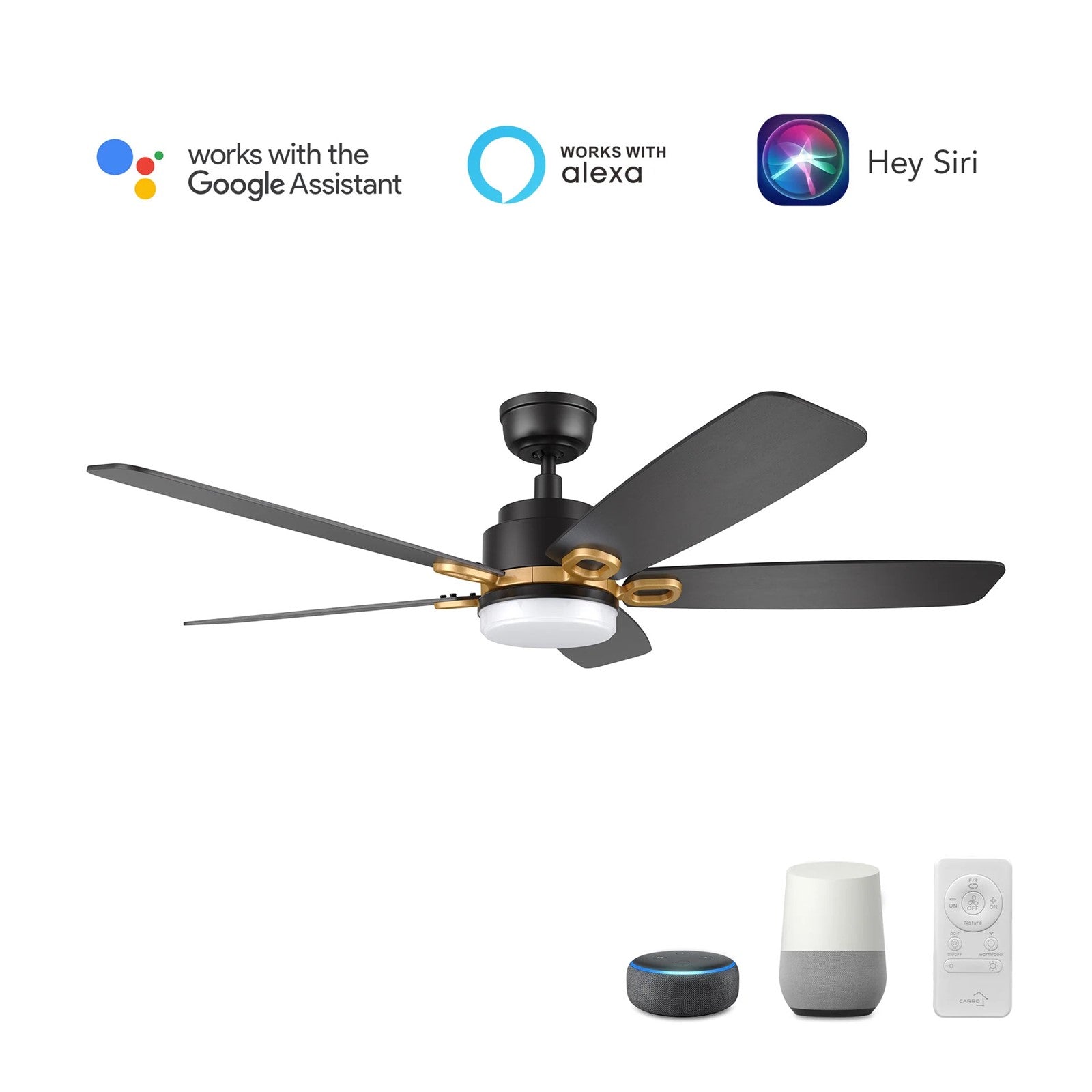 Carro Peyton 52in 5-Blade Smart Ceiling Fan | Modern Black Gold Finish and Plywood Blades | Living Room & Covered Patio | 52 x | Model SFR525B4-L12-B2-1G