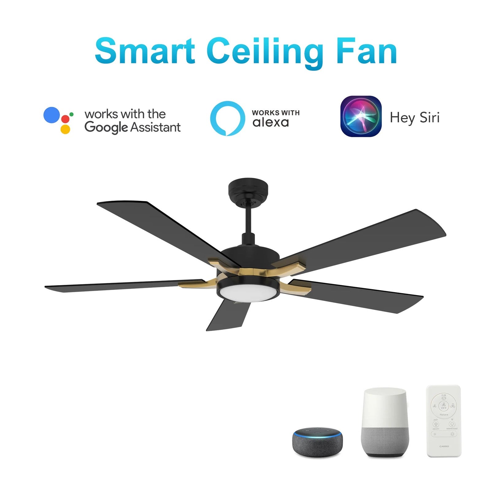 Carro Appleton 52in 5-Blade Smart Ceiling Fan | Black Gold Plywood | Living Room & Covered Patio | 52 x 52 x 15 in | Model SFR525E-L12-B2-1G