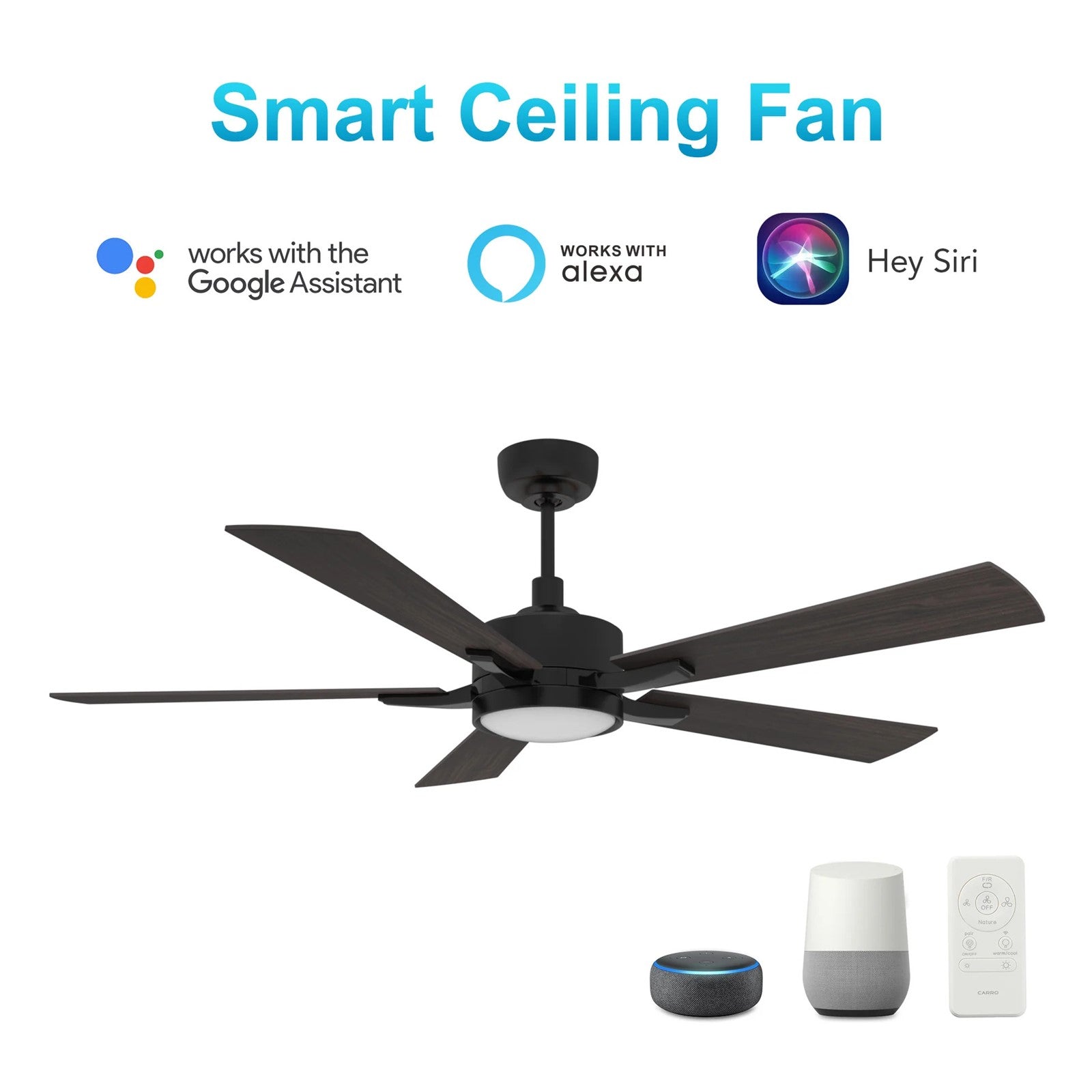 Carro Appleton 52in 5-Blade Smart Ceiling Fan | Modern Black Walnut Plywood | Living Room & Covered Porch | 15 x 52 x 52 in | Model SFR525E-L12-BF-1