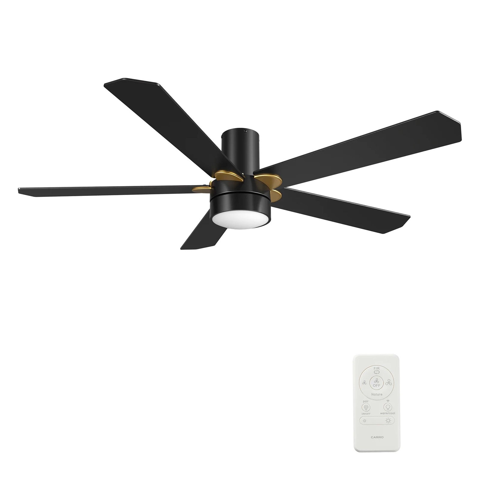 Carro Tarrasa 52in 5-Blade Smart Ceiling Fan | Flush Mount Black Plywood | Living Room & Covered Patio | 52 x 52 x 10.2 in | Model SFR525E2-L11-B2-1G-FM