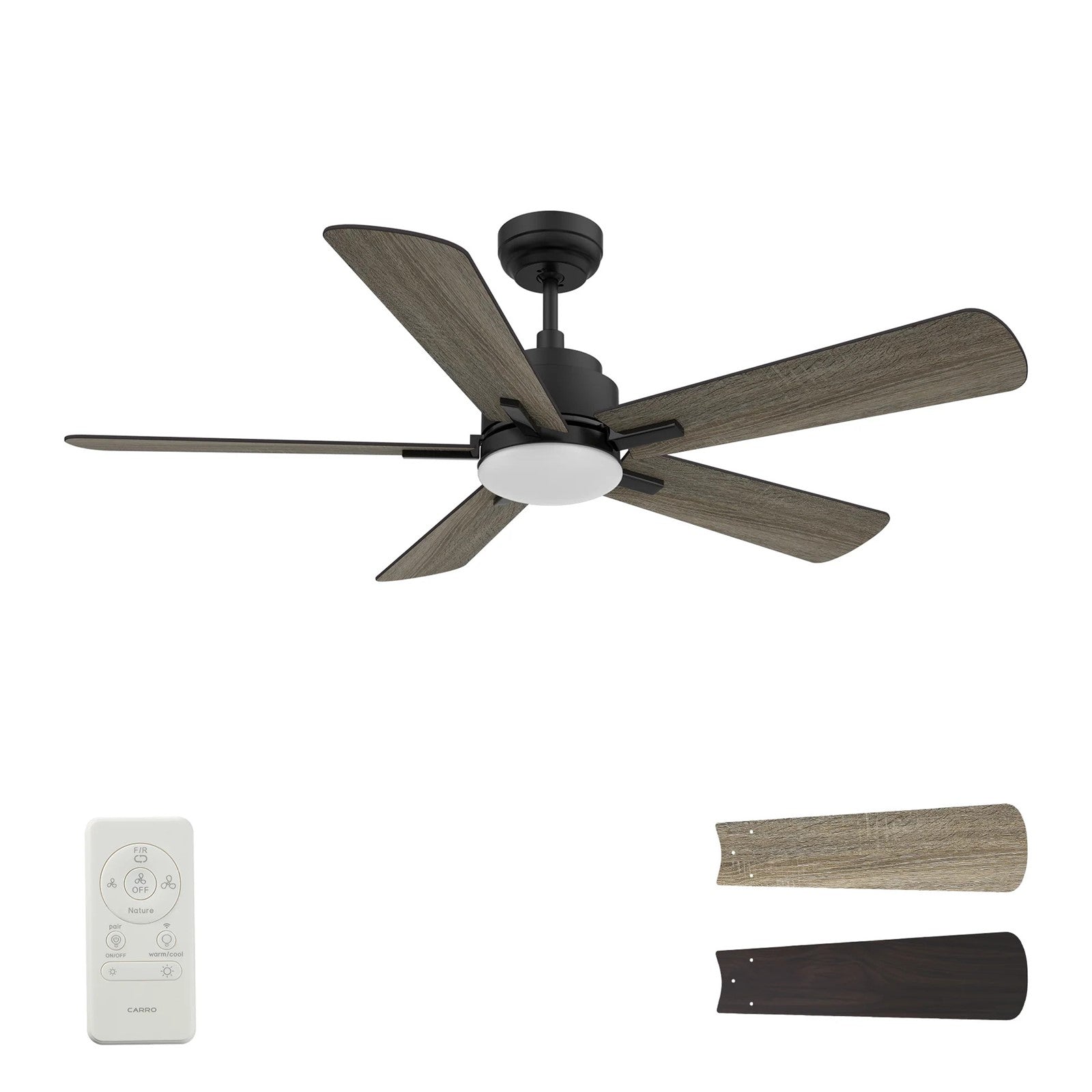 Carro Olinda 52in 5-Blade Smart Ceiling Fan | Black Barnwood Plywood | Living Room & Covered Patio | 52 x 52 x 14.4 in | Model SFR525E3-L12-BG-1