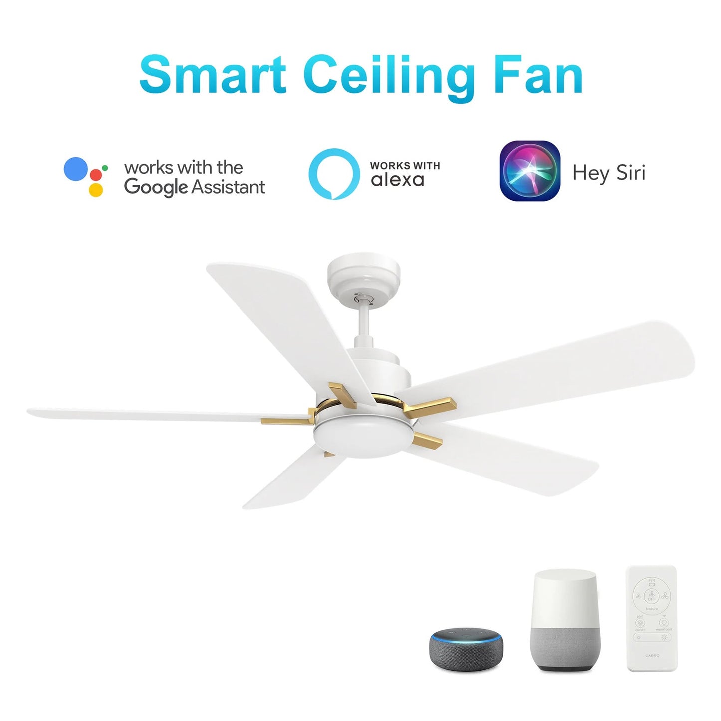 Carro Olinda 52in 5-Blade Smart Ceiling Fan | White Gold Plywood | Living Room & Covered Patio | 52 x 52 x 14.4 in | Model SFR525E3-L12-W1-1G