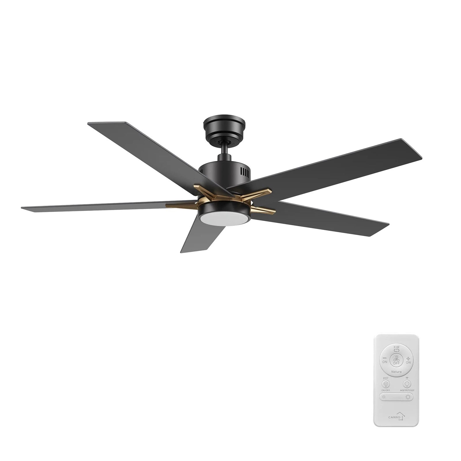 Carro Montgomery 52in 5-Blade Smart Ceiling Fan | Modern Black Gold Plywood | Living Room & Bedroom | 13.2 x 52 x 52 in | Model SFR525G3-L11-B2-1G