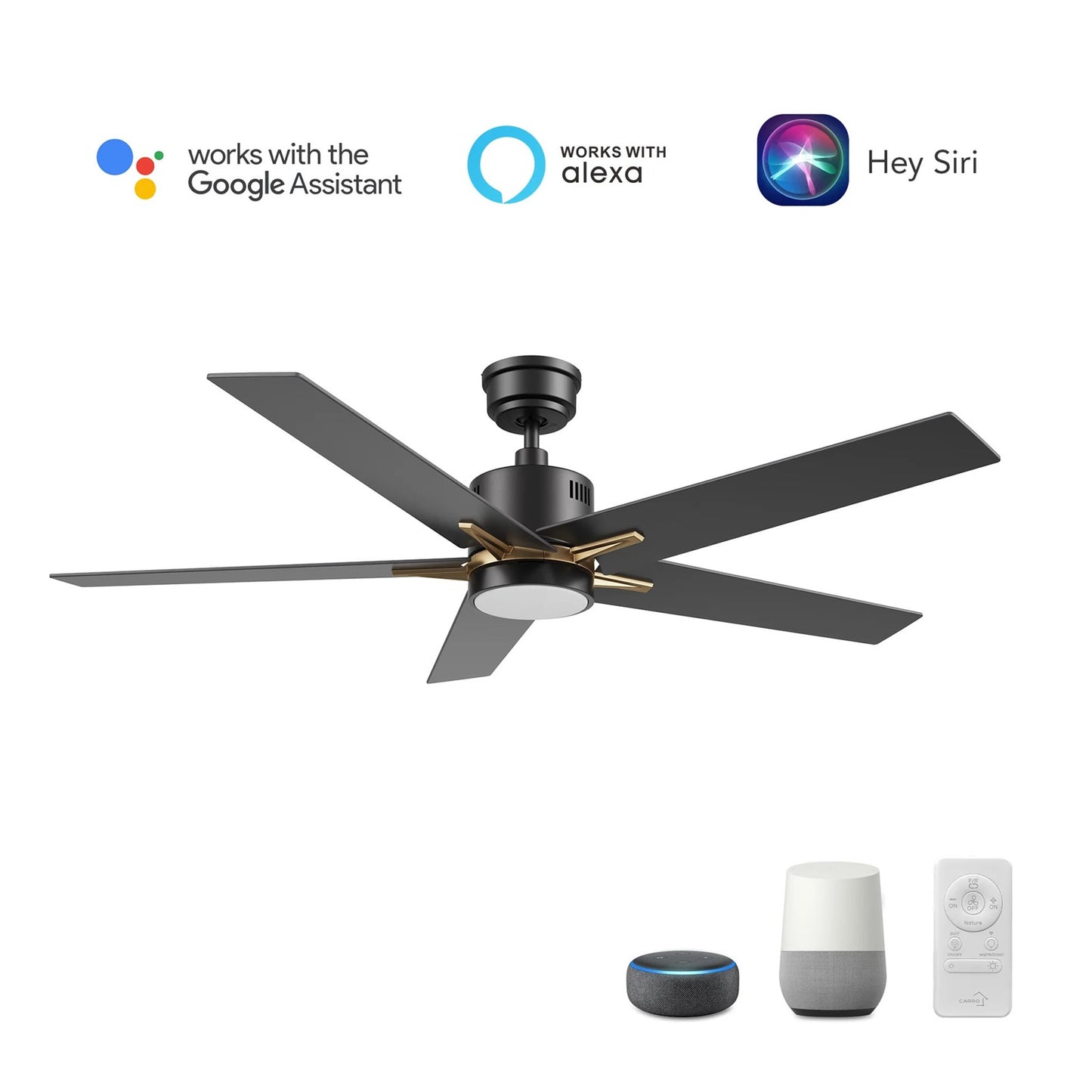 Carro Montgomery 52in 5-Blade Smart Ceiling Fan | Modern Black Gold Plywood | Living Room & Bedroom | 13.2 x 52 x 52 in | Model SFR525G3-L11-B2-1G