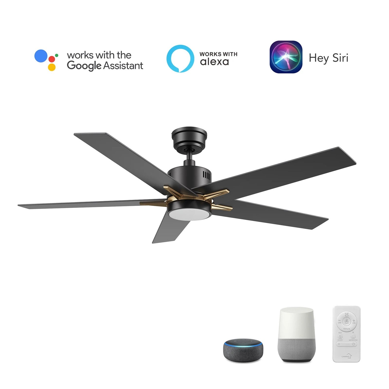 Carro Montgomery 52in 5-Blade Smart Ceiling Fan | Modern Black Gold Plywood | Living Room & Bedroom | 13.2 x 52 x 52 in | Model SFR525G3-L11-B2-1G