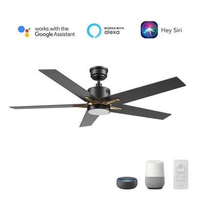 Carro Montgomery 52in 5-Blade Smart Ceiling Fan | Modern Black Gold Plywood | Living Room & Bedroom | 13.2 x 52 x 52 in | Model SFR525G3-L11-B2-1G