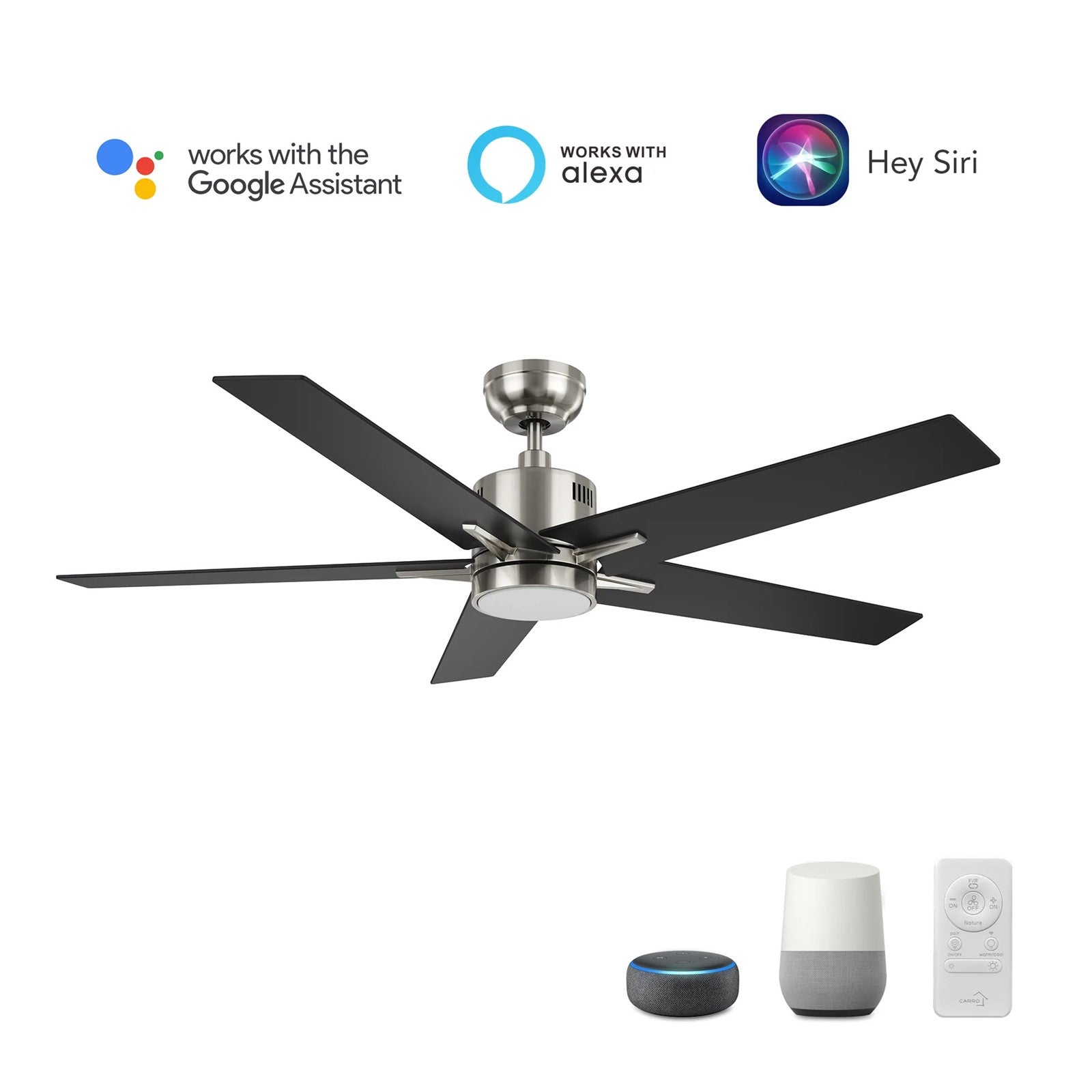 Carro Montgomery 52in 5-Blade Smart Ceiling Fan | Modern Brushed Nickel Black and Plywood Blades | Living Room & Bedroom | 13.2 | Model SFR525G3-L11-S2-1