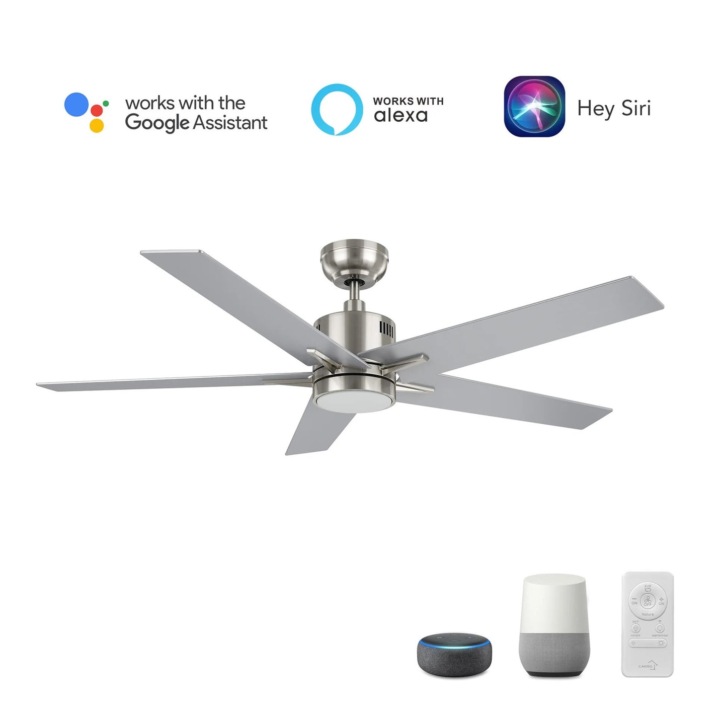 Carro Montgomery 52in 5-Blade Smart Ceiling Fan | Modern Brushed Nickel Silver and Plywood Blades | Living Room & Bedroom | 13.2 | Model SFR525G3-L11-SJ-1