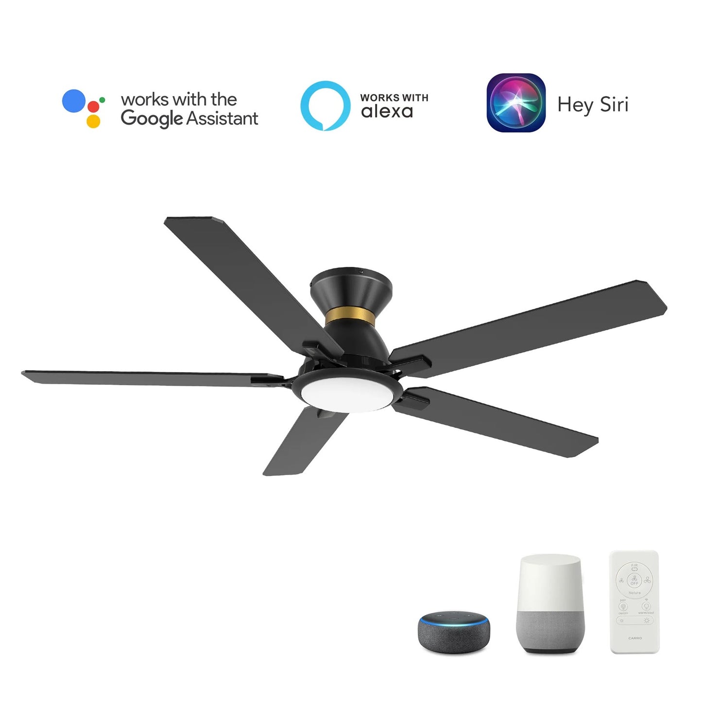 Carro Espear 52in 5-Blade Flush Mount Smart Ceiling Fan | Modern Black Gold Plywood Blades and Integrated LED | Living Room & | Model SFR525J-L12-B2-1-FMA
