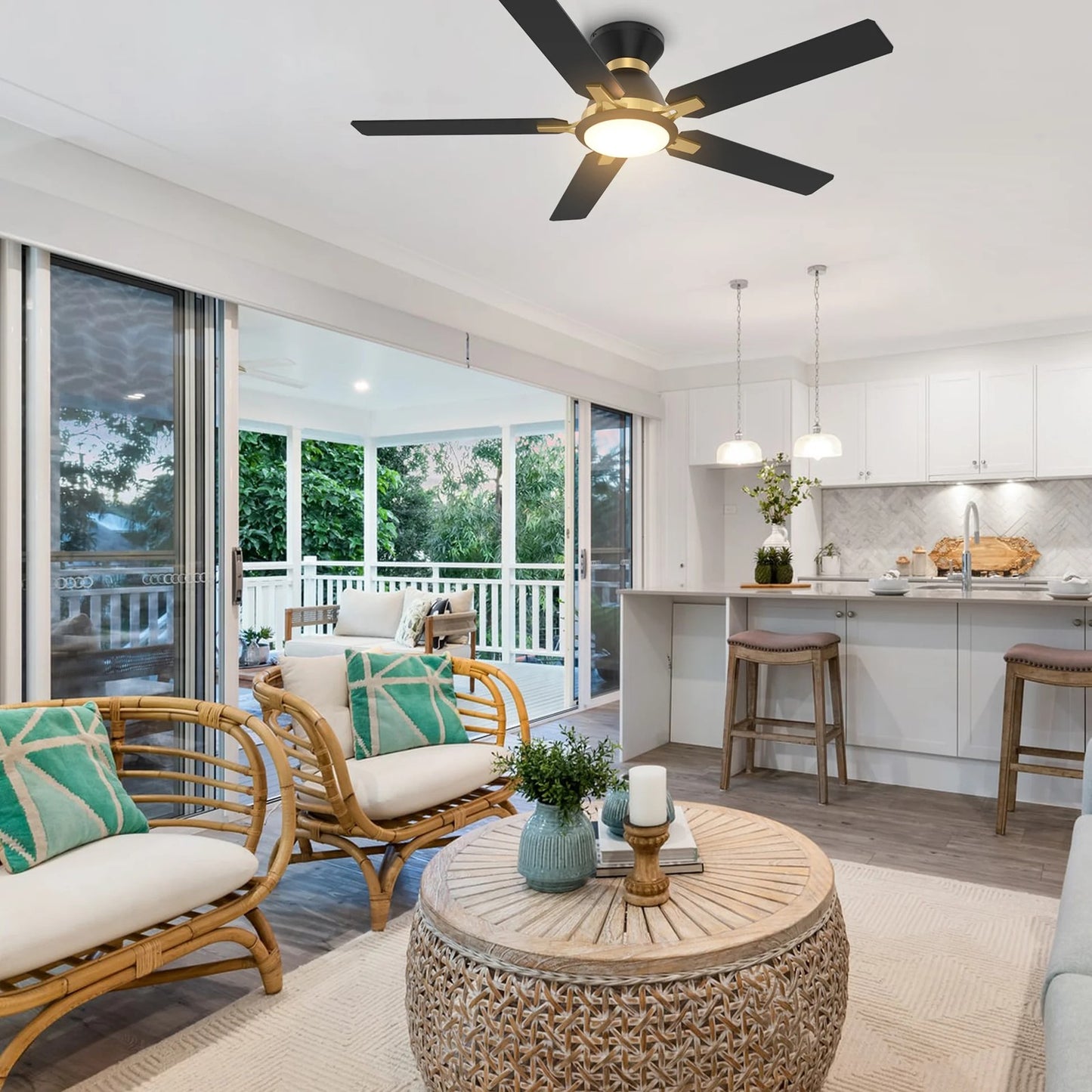Carro Espear 52in 5-Light Ceiling Fan | Modern Black and Gold Plywood Blades | Living Room & Covered Patio | 52 x 52 x 11 in | Model SFR525J-L12-B2-1G-FMA