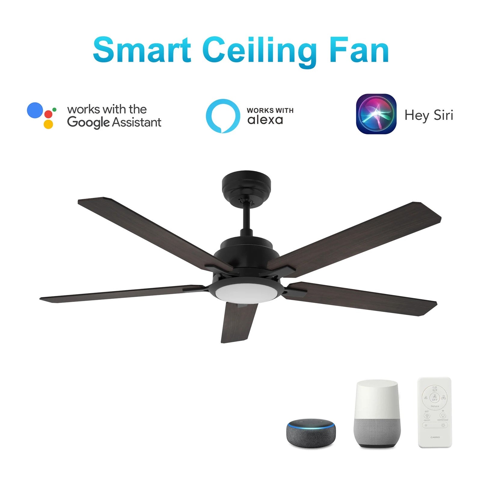 Carro Espear 52in 5-Light Ceiling Fan | Modern Black Walnut Plywood Blades | Living Room & Covered Patio | 52 x 52 x 14.4 in | Model SFR525J-L12-B5-1